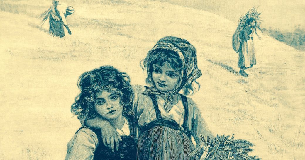Old print. Two girls carrying sheaves.